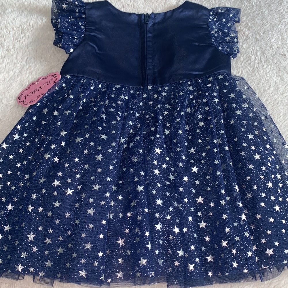 NWT Popatu Navy Blue Silver Stars Dress 12M Tulle Overlay - Picture 9 of 12